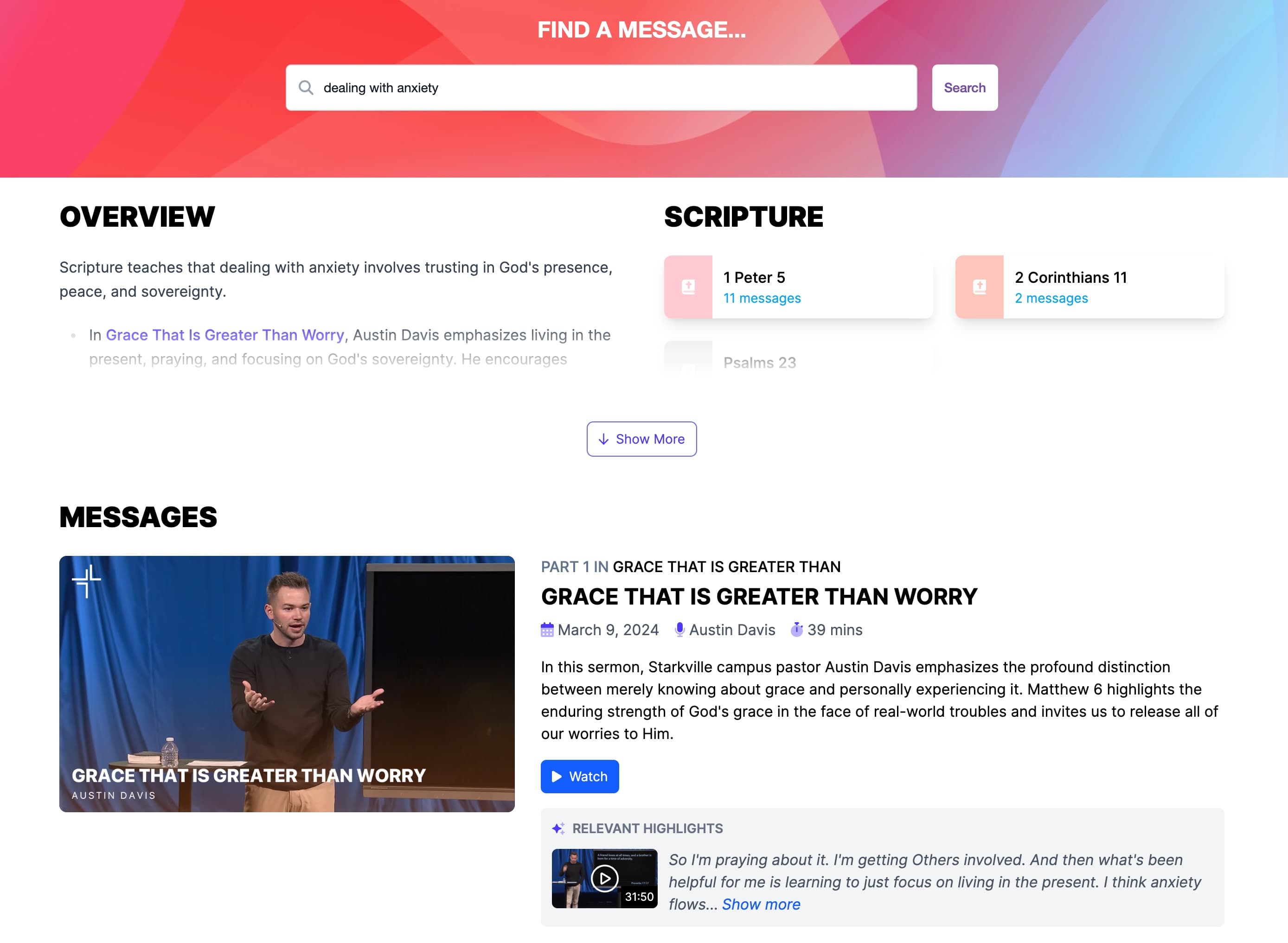 Haystack search results showing relevant sermons for anxiety